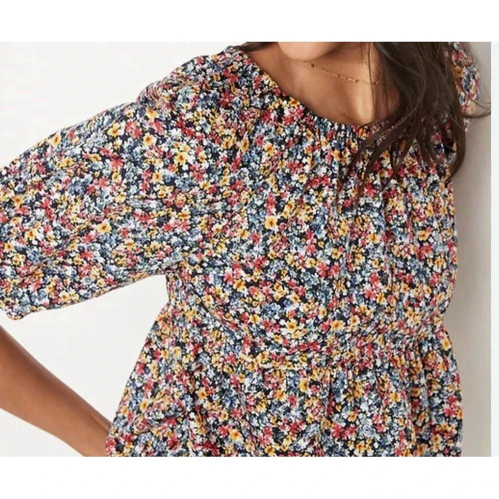 Old Navy Floral Print Puff Sleeve Pink Green White Large Babydoll Top Casual